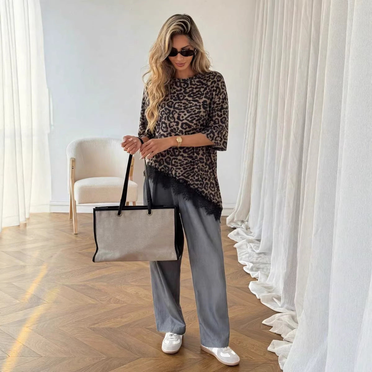 Women Leopard Print Stitching Lace Loose Short-Sleeve T-Shirt
