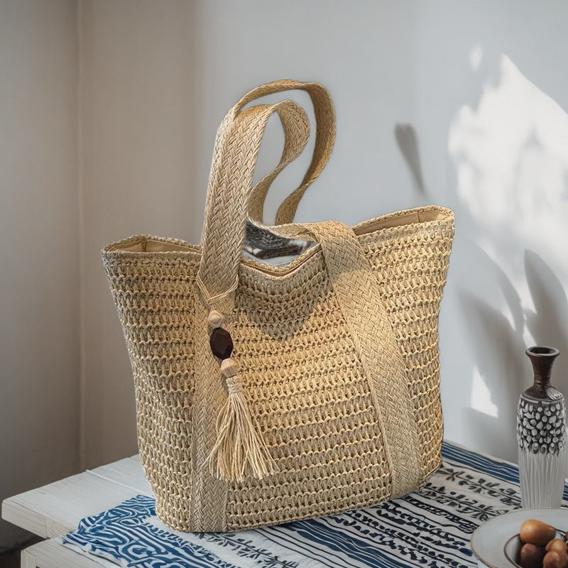 Solid Color Large-Capacity Braided Straw Beach Shoulder Bag