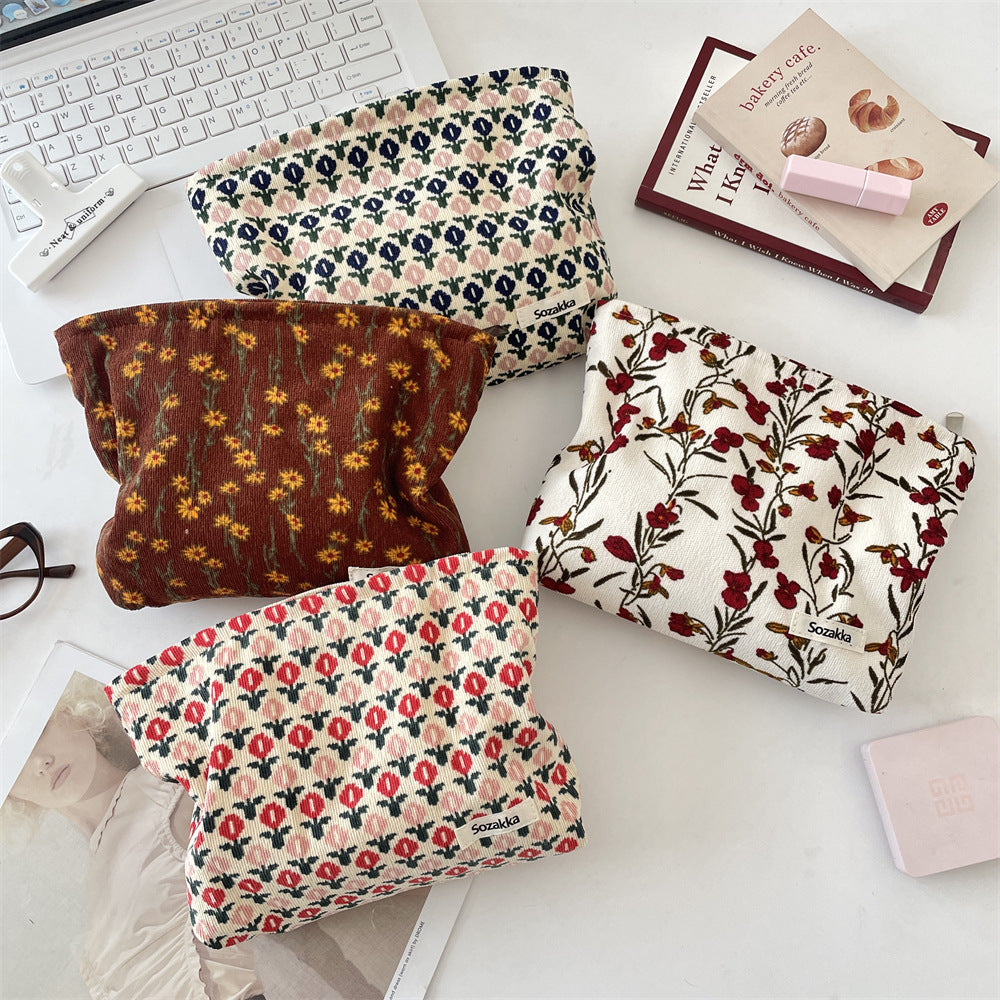 Corduroy Retro Flower Portable Cosmetic Bag