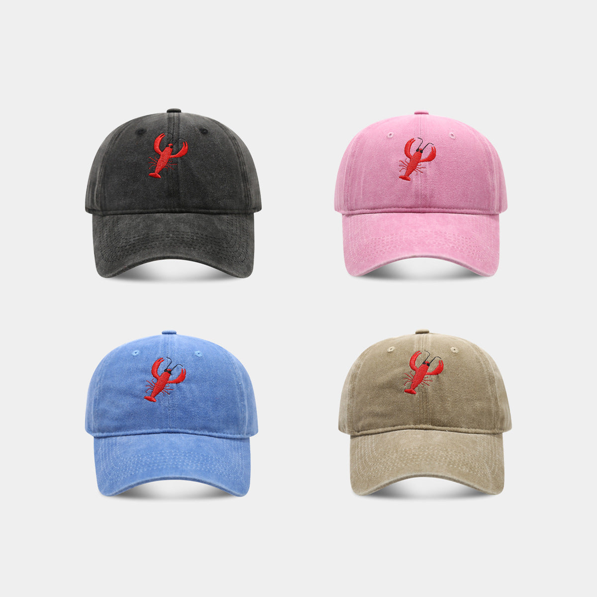 Retro Lobster Embroidered Washed Baseball Cap