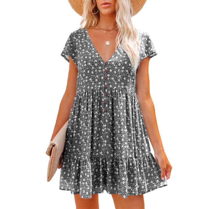 V-Neck Button Floral Short-Sleeve Loose Casual Dress