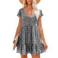 V-Neck Button Floral Short-Sleeve Loose Casual Dress