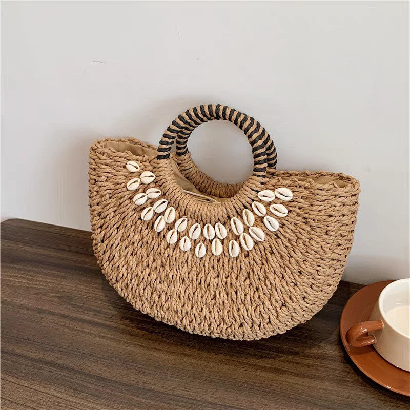 Semicircle Straw Woven Shell Beach Bag