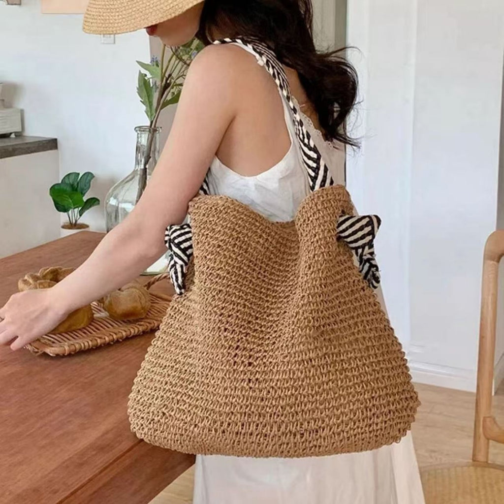 Navy Straw Woven One-Shoulder Commuter Tote Bag