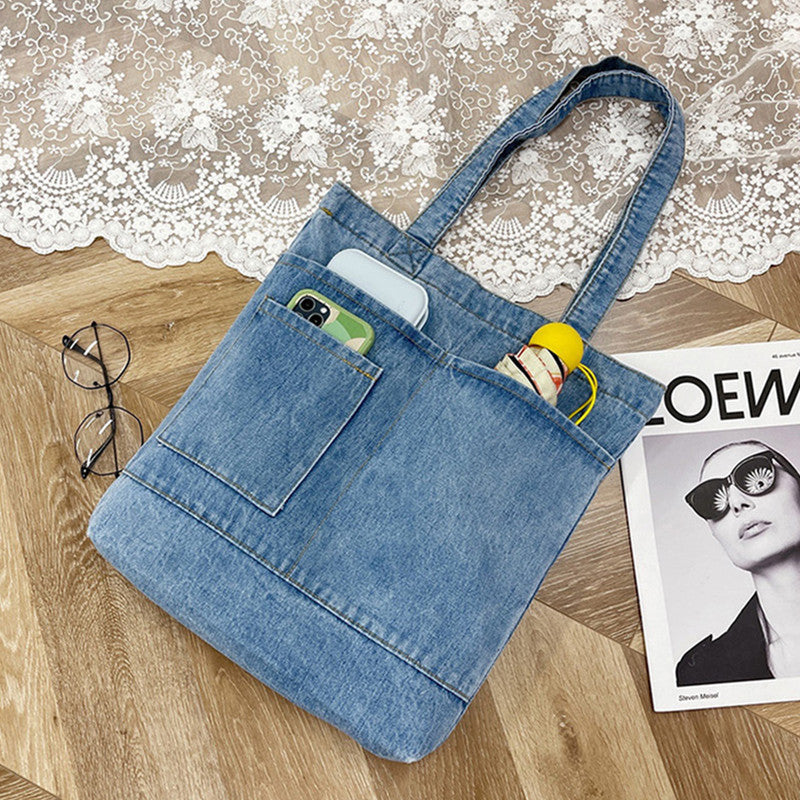 Cross-Border Denim Bag Shoulder Bag Women'S Casual Simple Korean Style Girls' Tote Bag Canvas Student Portable Tutoring Bag