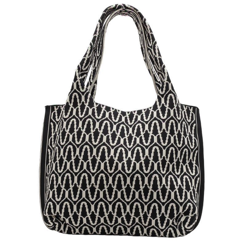 Geometric Pattern Knit Shoulder Tote Bag with Wide Straps