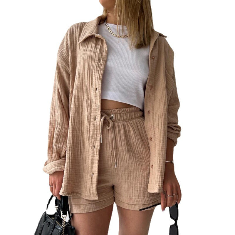 European And American Clothing Two-Piece Set Wrinkled Lapel Long-Sleeved Shirt High-Waisted Drawstring Shorts Large Size Fashion Casual Suit