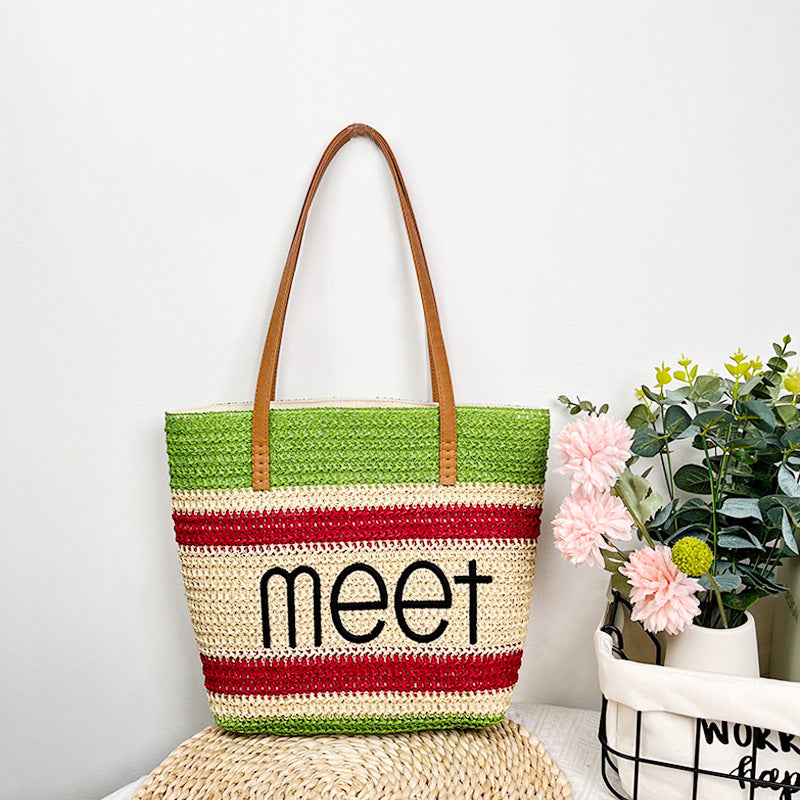 Woven Embroidered Large Capacity Straw Beach Tote Bag