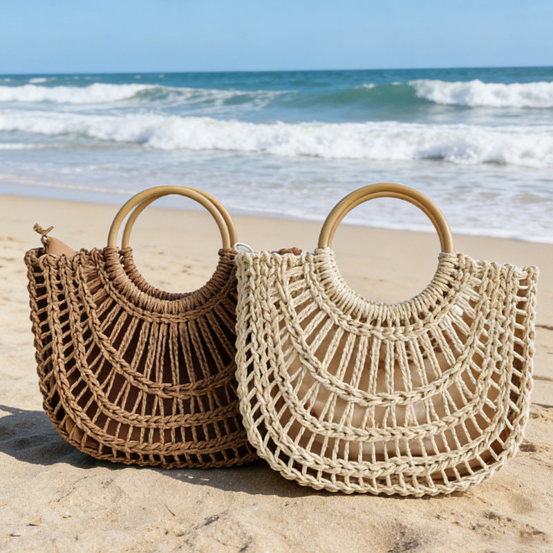 Solid Color Hand-Woven Hollow Straw Retro Beach Bag