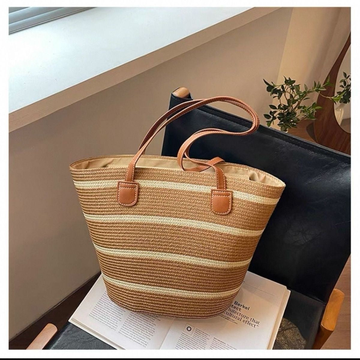 Women Straw Beach Black Stripe 2026 New Casual Summer Shoulder Tote Bag