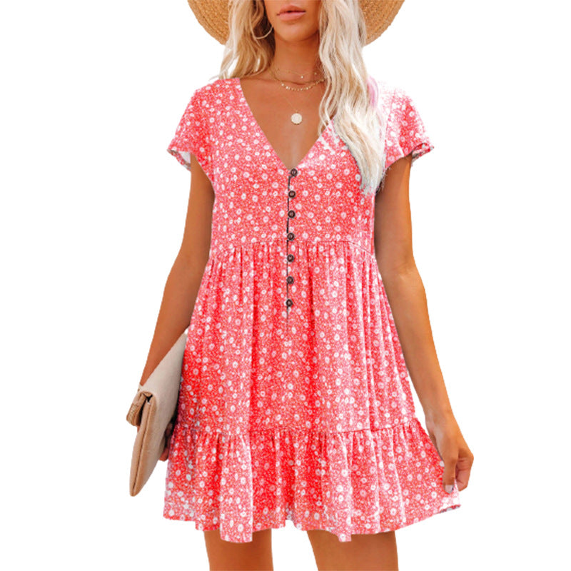 V-Neck Button Floral Short-Sleeve Loose Casual Dress