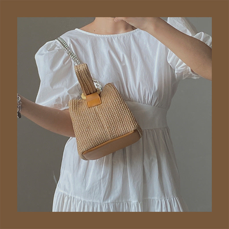 Cute Straw Chain Shoulder Woven Bag for Girls