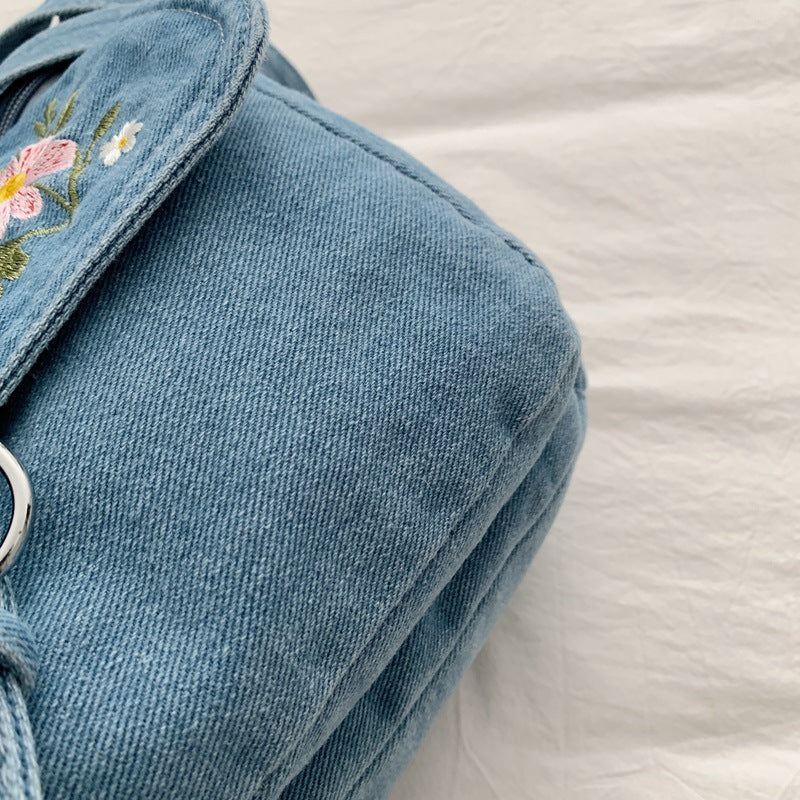 Floral Embroidered Denim Shoulder Bag with Adjustable Strap