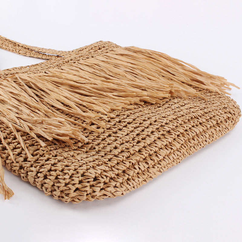 Women Long Tassel Straw Woven Large Capacity Shoulder Beach Vacation Bag