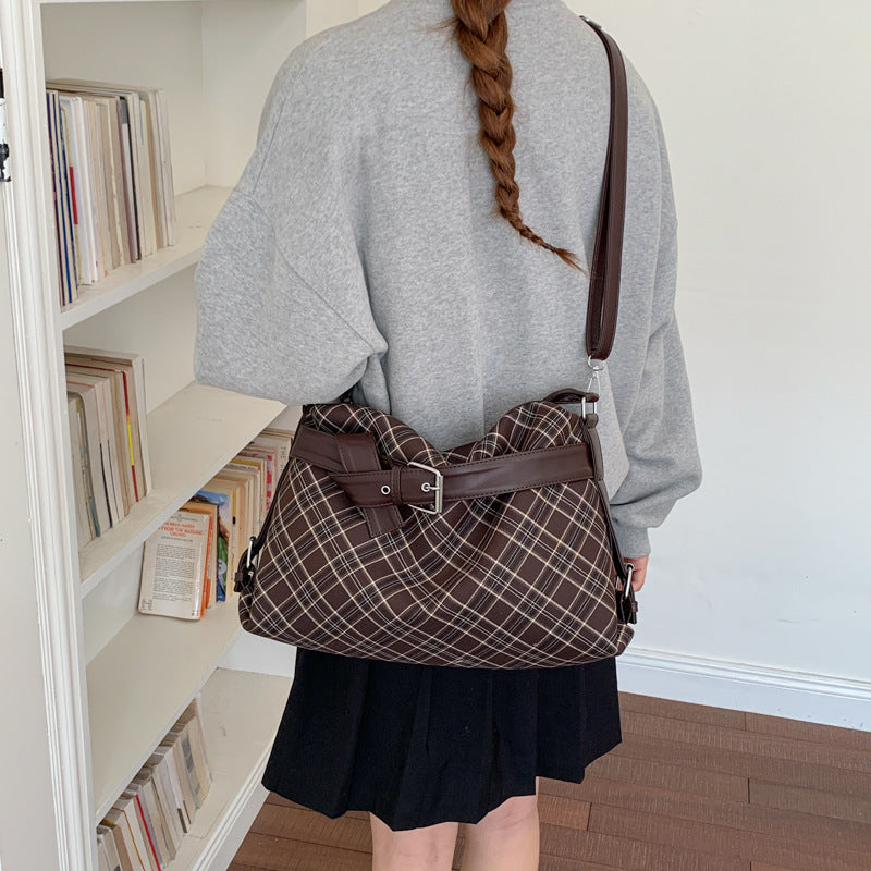 Vintage Plaid Handbag with Buckle Detail and Convertible Crossbody Strap
