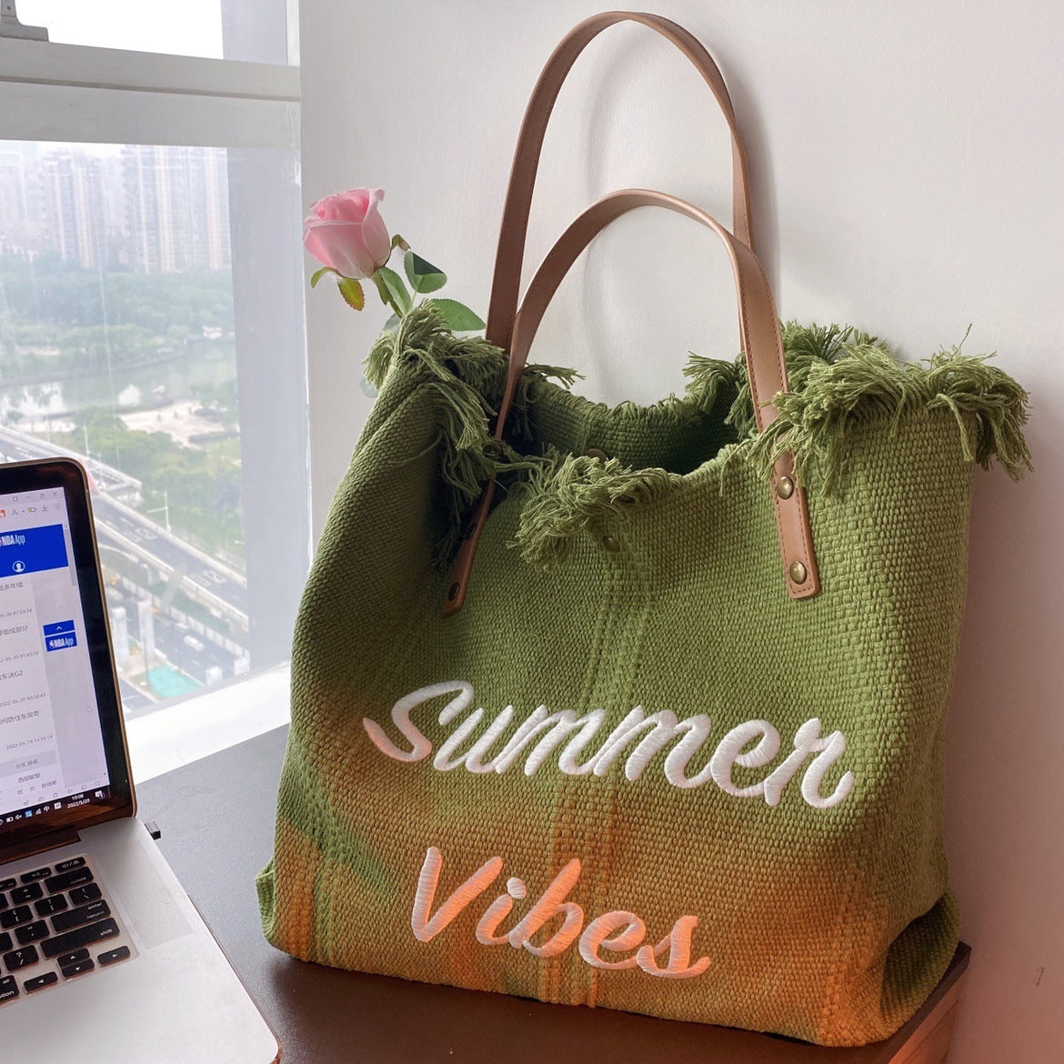 Women Large Canvas Embroidered Letter Tote Handheld Woven Beach Bag