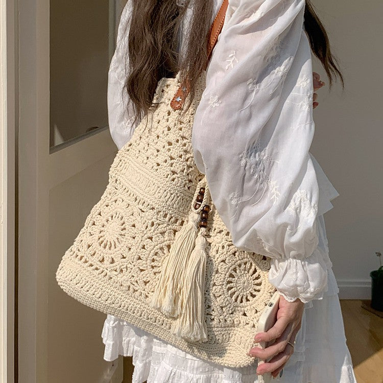 Hollow Monofilament Woven Crochet Straw Shoulder Beach Bag