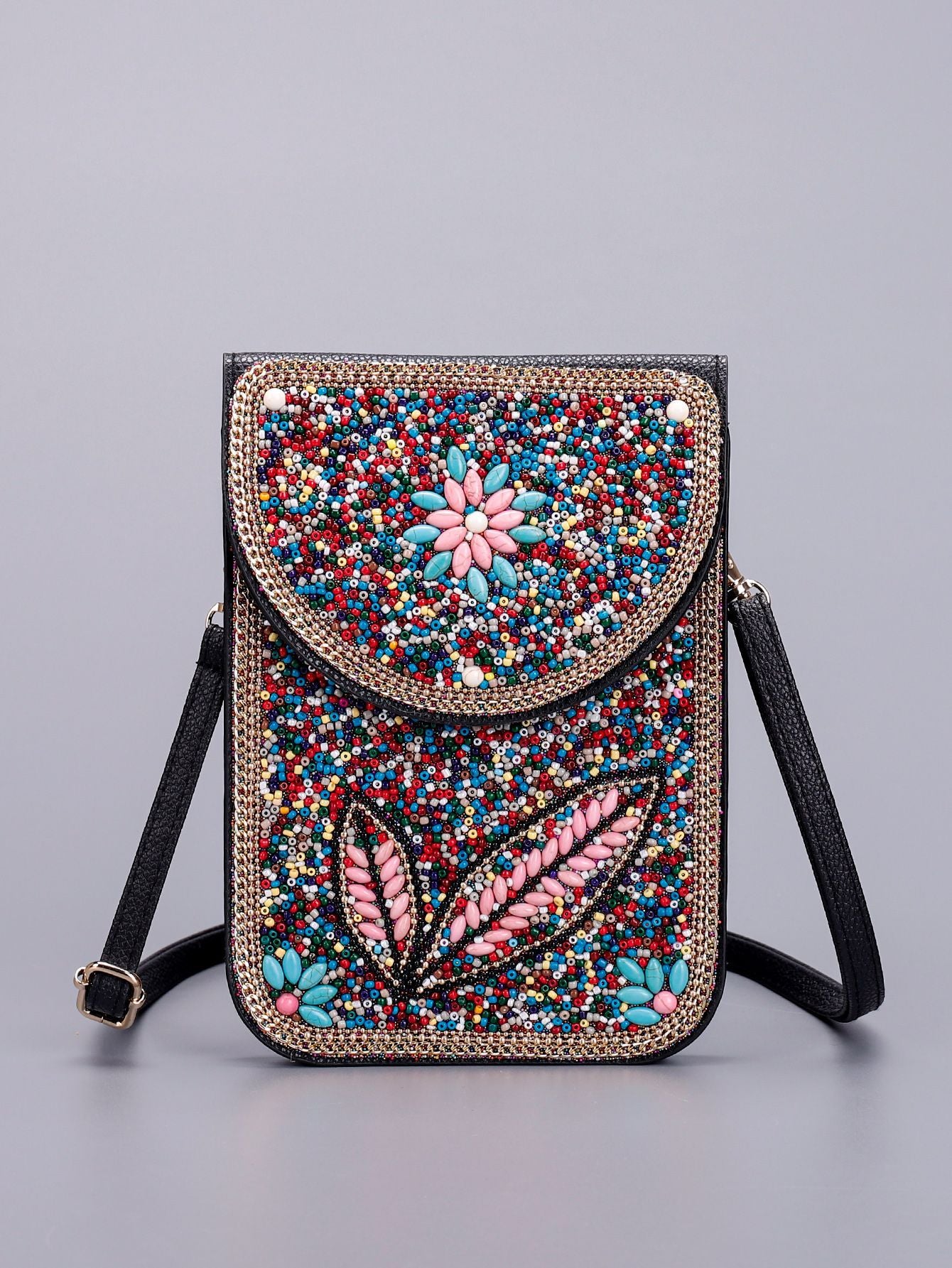 Women Ethnic Style Beaded Crossbody Bag, Handmade Turquoise Red Phone Bag