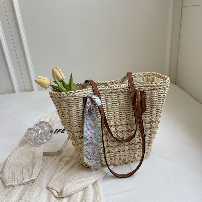 Women 2026 New Large Woven Beach Straw Shoulder Tote Bag