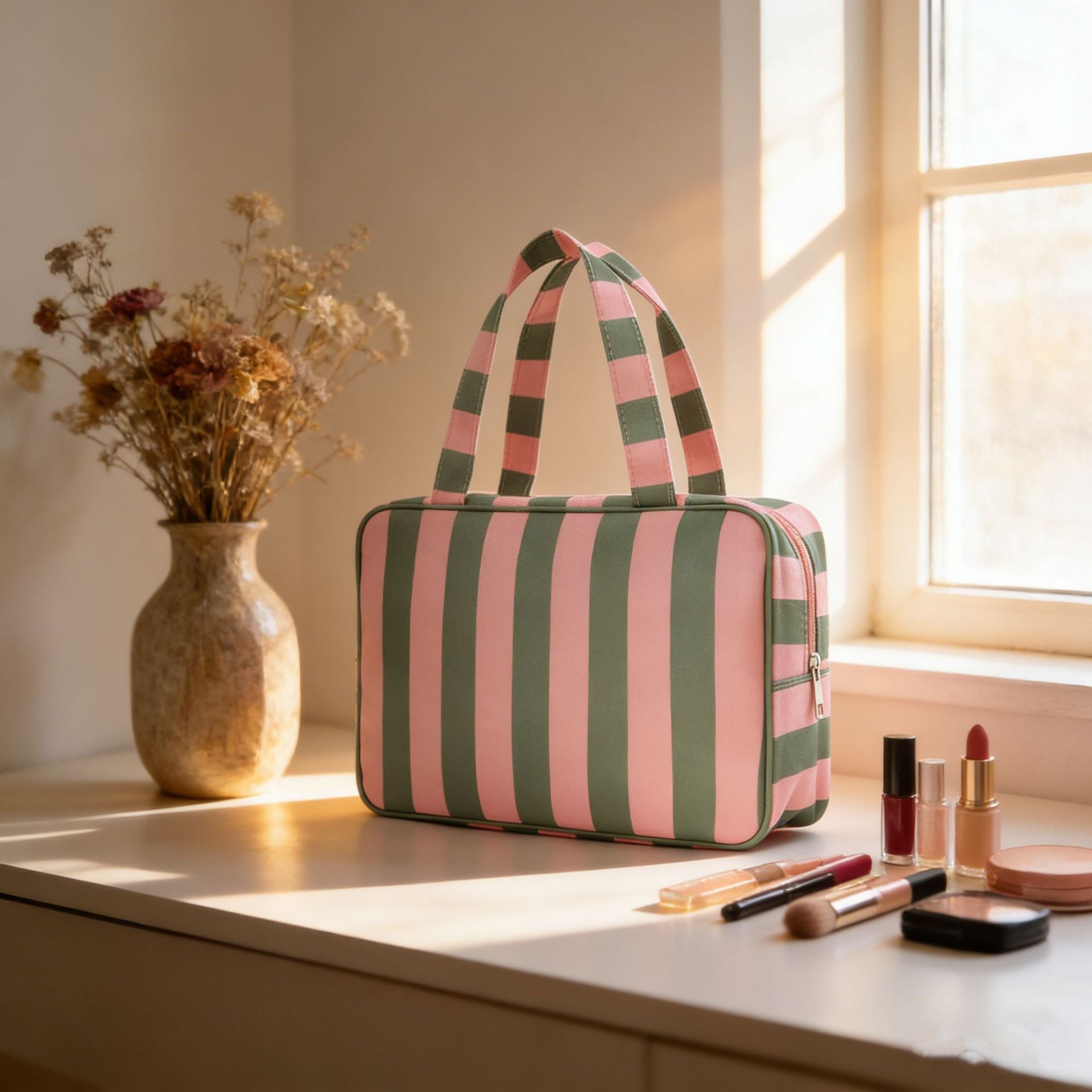 Pink White Striped Canvas Cosmetic Travel Bag