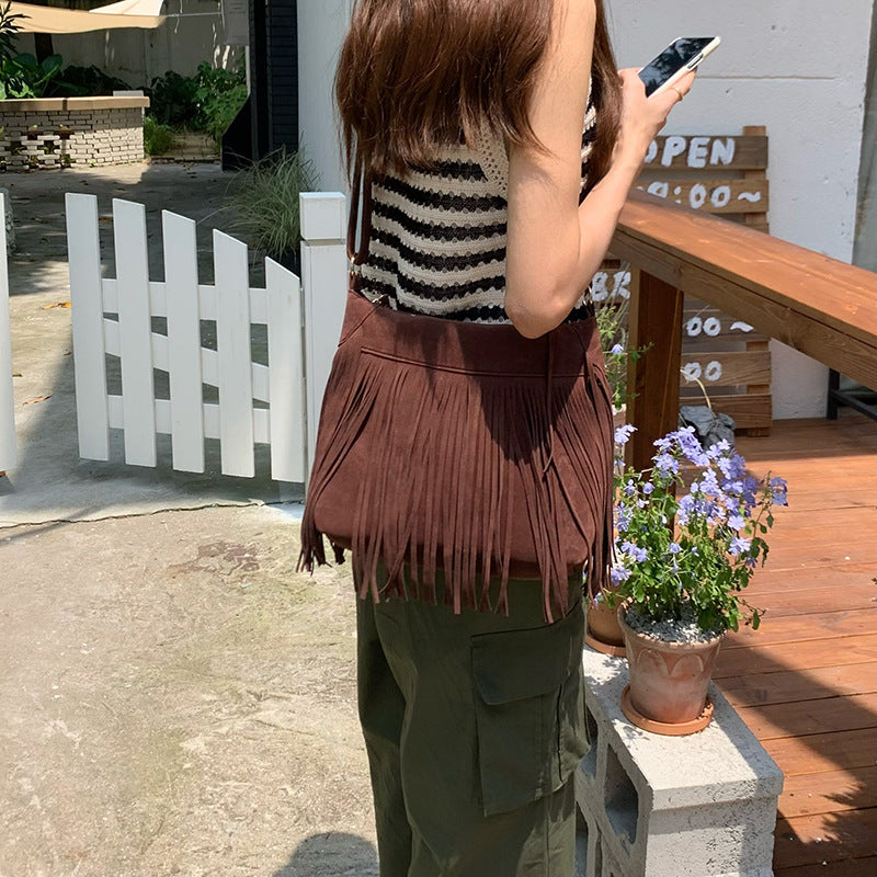 Women Western Retro Tassel Suede Crossbody Shoulder Bag