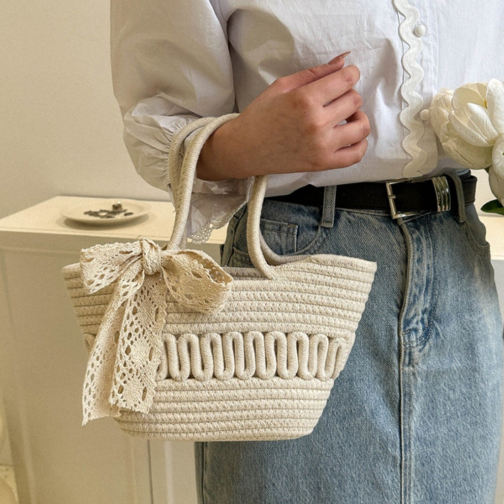 Women Bow Straw Woven Bucket Shoulder Tote Bag