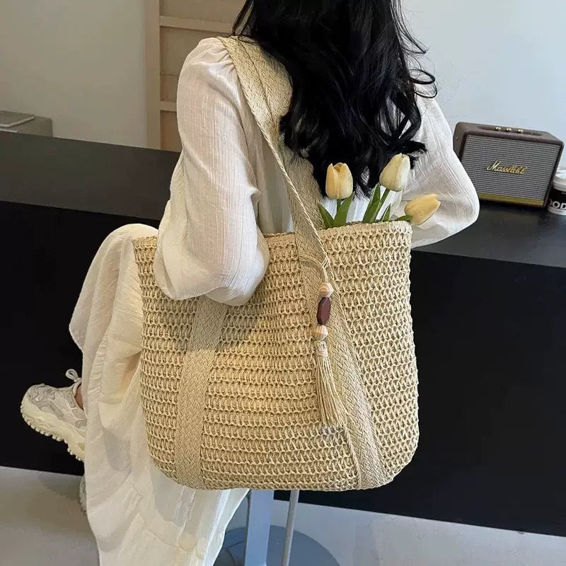 Solid Color Large-Capacity Braided Straw Beach Shoulder Bag