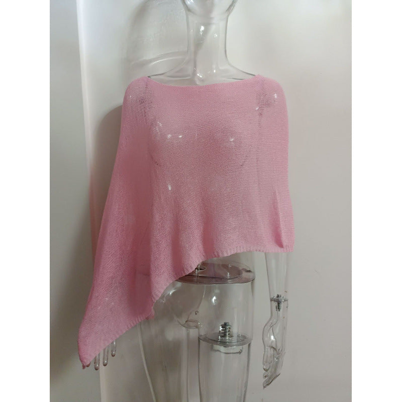 2025 Design Irregular Cape Shawl Sun Protection Shirt Women'S Season Loose Lazy Thin Ice Silk Knitted Sweater Top