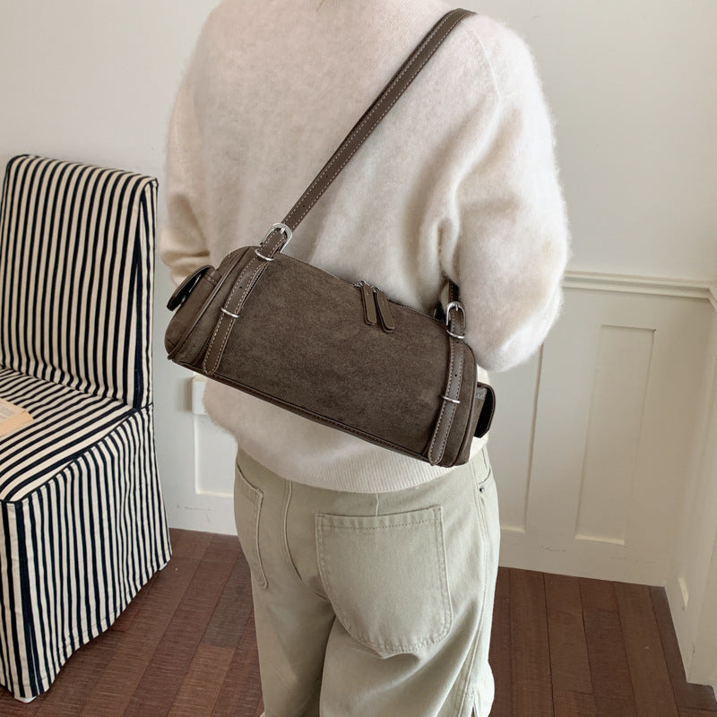 Chic Suede Baguette Shoulder Bag with Double Zipper