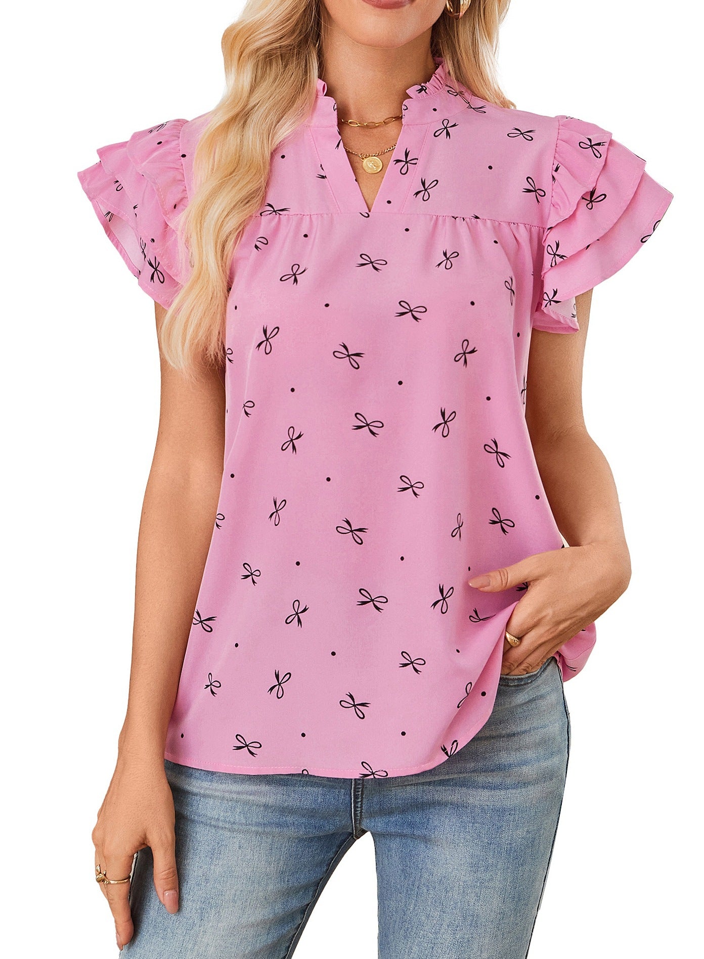 Women V-Neck Multi-Layered Ruffle Sleeves Sweet Chiffon Top
