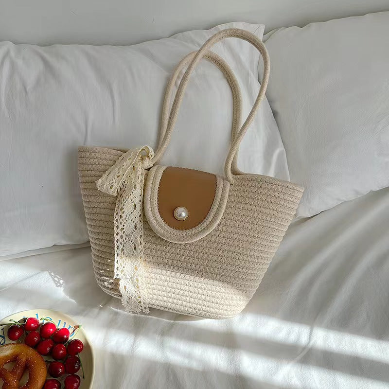 New Straw Woven Bag, Woven Holiday Backpack, Fashionable And Versatile One-Shoulder Large-Capacity Tote Travel Beach Bucket Bag