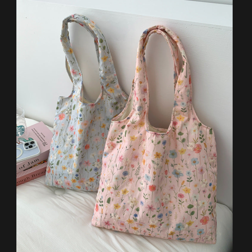 Embroidered Floral Canvas Shoulder Bag Fresh Versatile
