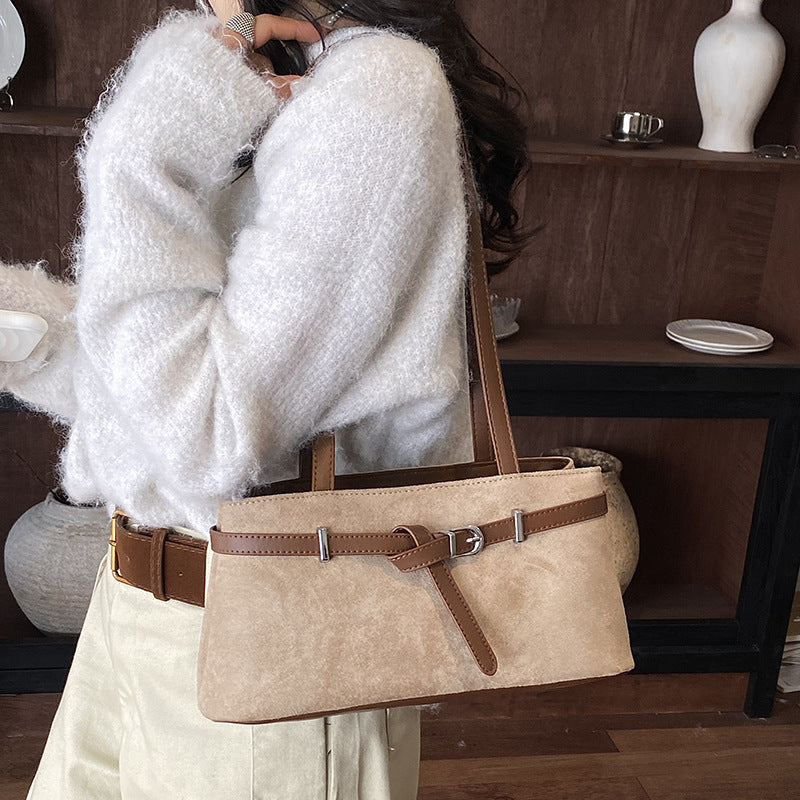 Elegant Suede Shoulder Bag with Buckle Detail