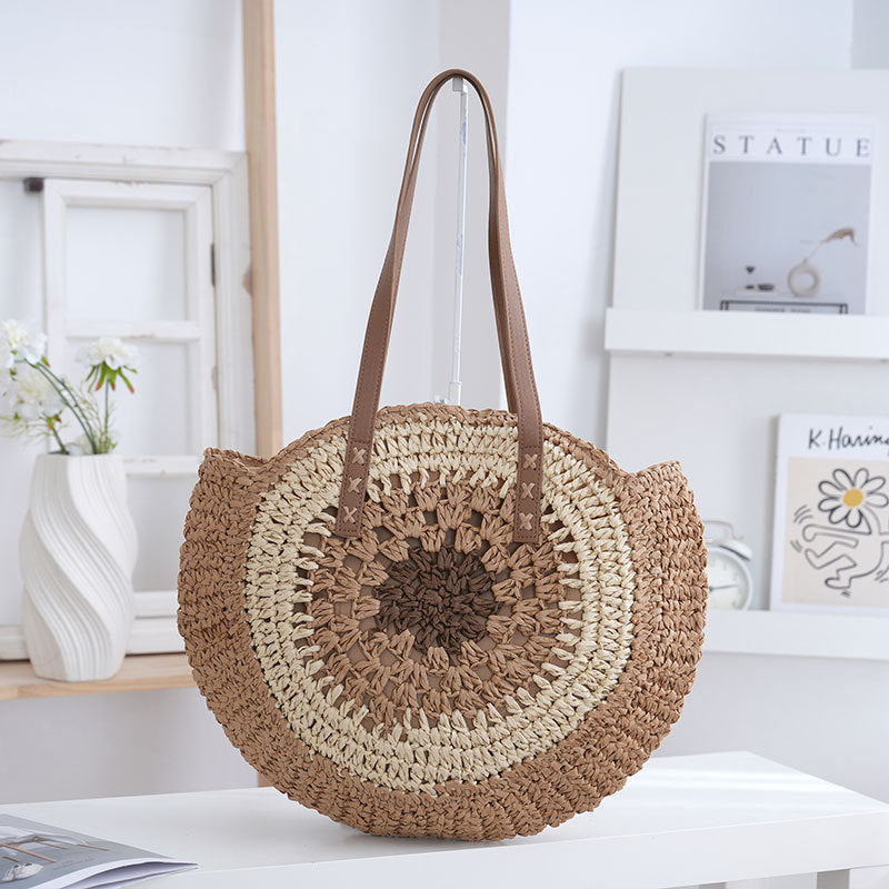 2026 Round Minimalist Paper-String Shoulder Beach Woven Bag, Woven Bag, Straw Bag, Paper Bag, Fashionable Women's Handbag, Tote Bag