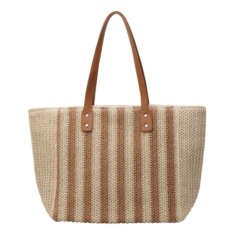 Women Fabric Straw Woven Tote 2026 New Leather Strap Summer Premium Bag