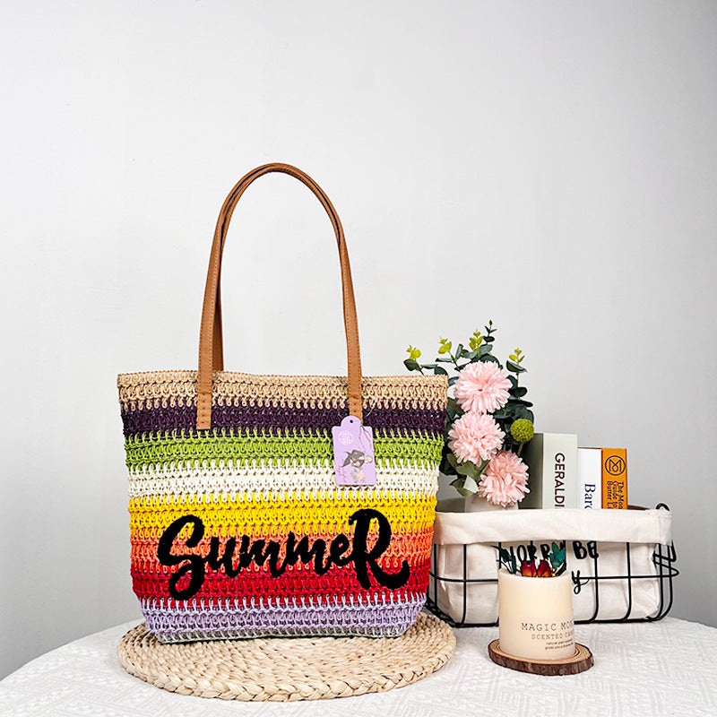 Woven Embroidered Large Capacity Straw Beach Tote Bag