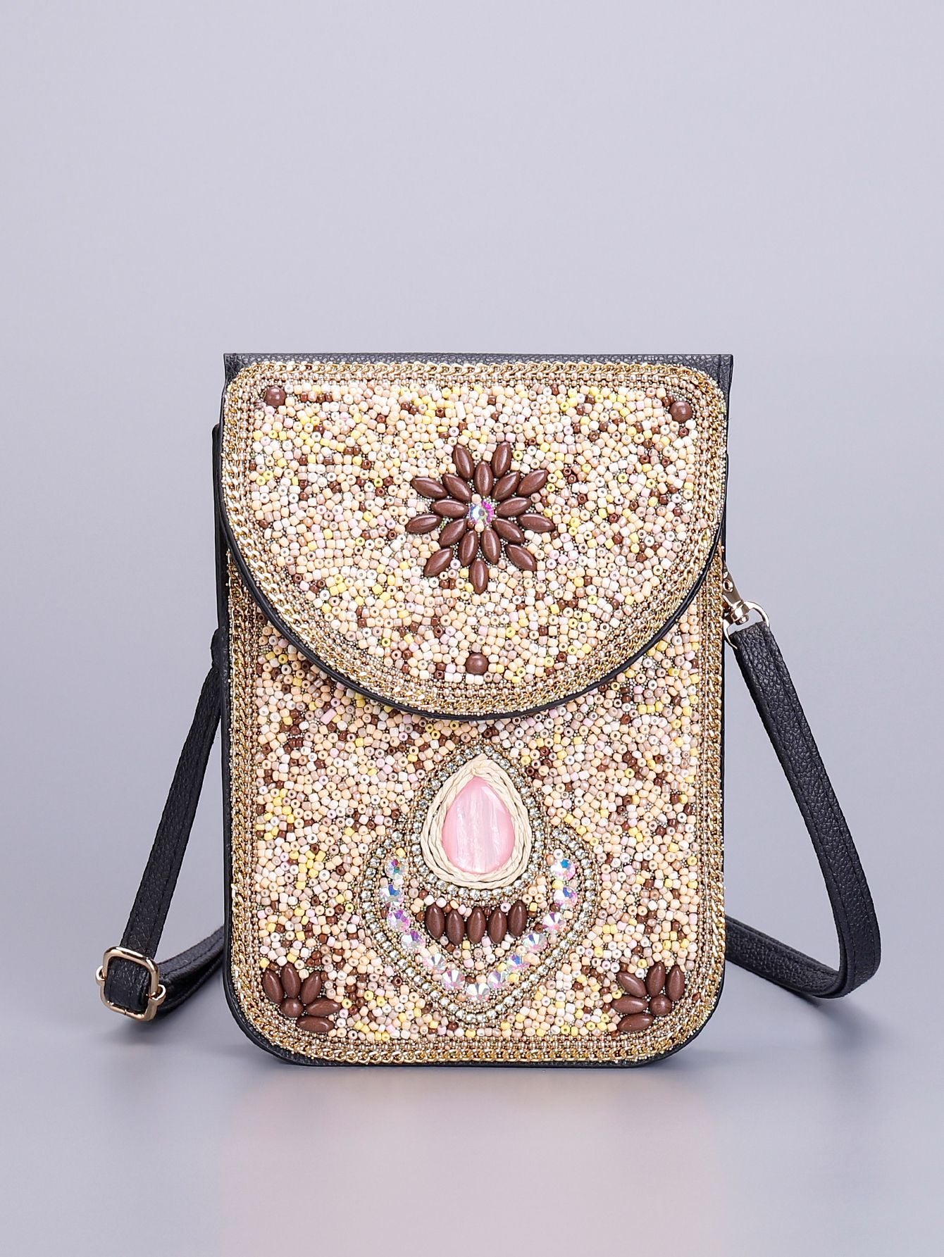 Women Ethnic Style Beaded Crossbody Bag, Handmade Turquoise Red Phone Bag