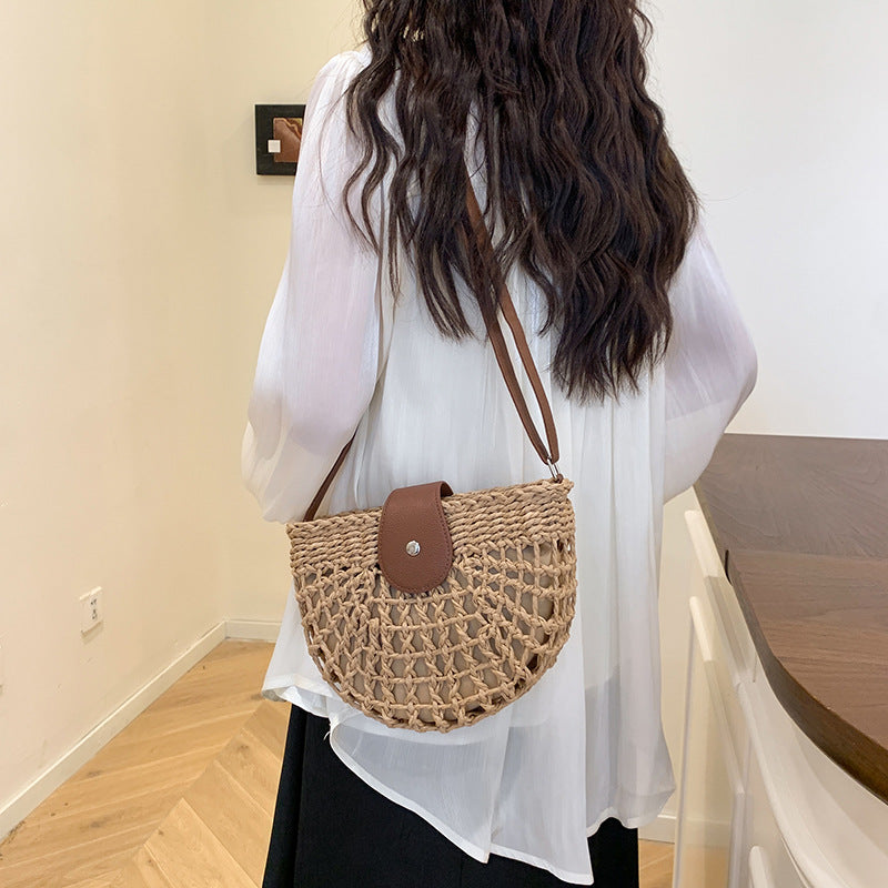 New Woven Half Round Hollow Straw Fresh Shoulder Crossbody Beach Bag