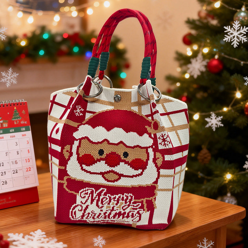Christmas Santa Claus Print Rope Handle Bucket Handbag