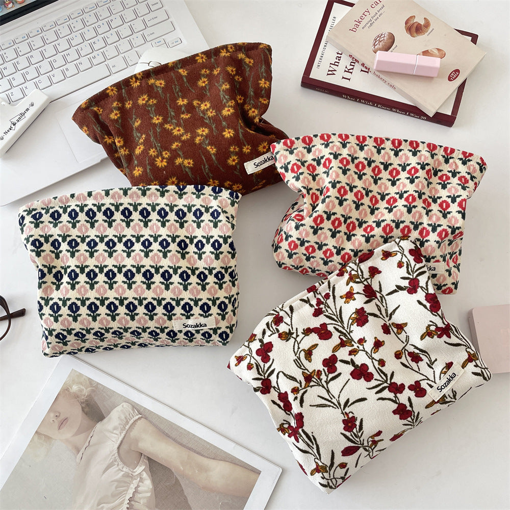 Corduroy Retro Flower Portable Cosmetic Bag