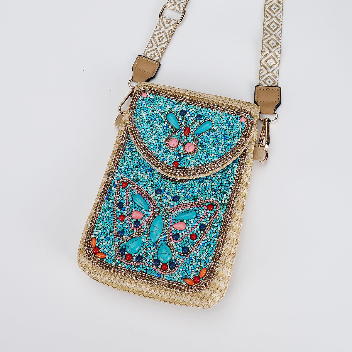 Women Luxury Straw Crossbody Bag, Fashion Beaded Woven Phone Shoulder Bag