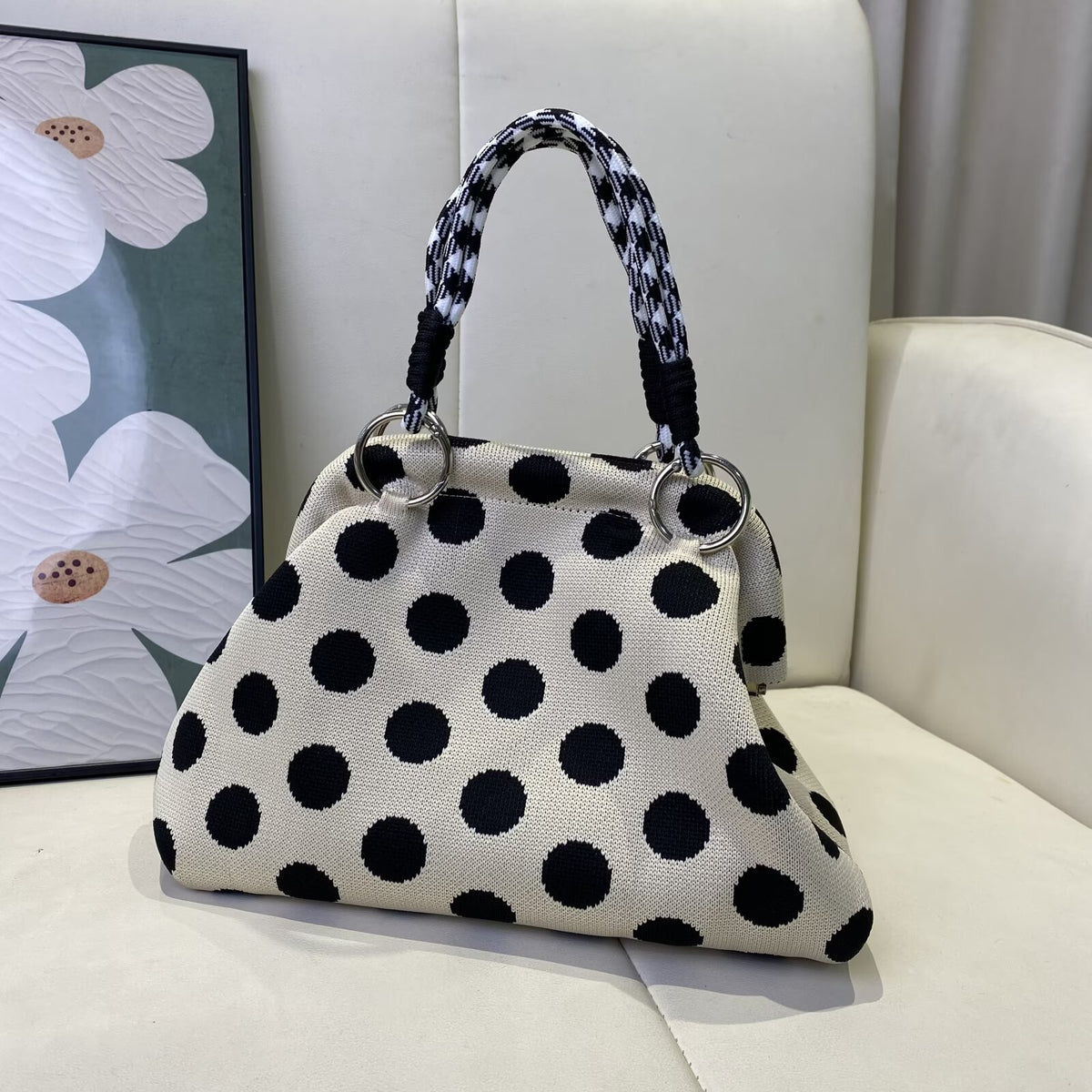 Geometric Woven Rope Handle Dumpling Top Handle Bag