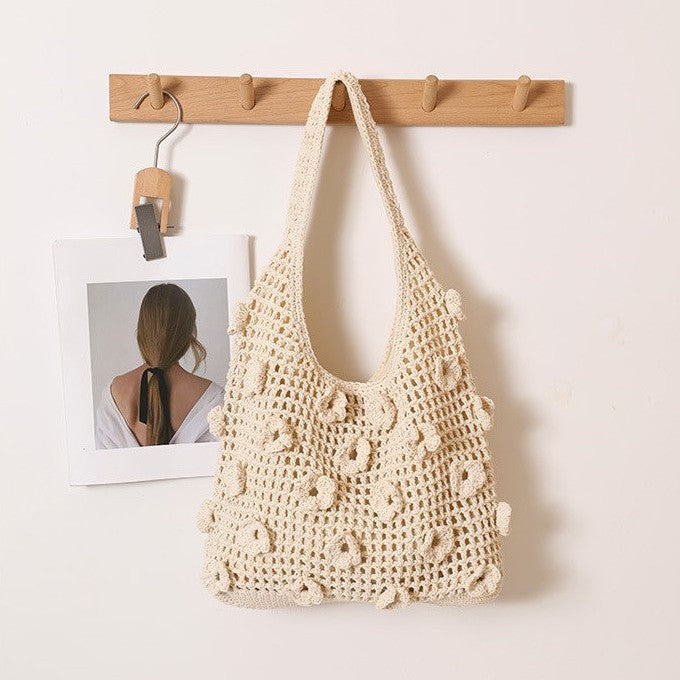 Large Capacity Flower Cotton Woven Straw Beach Bag