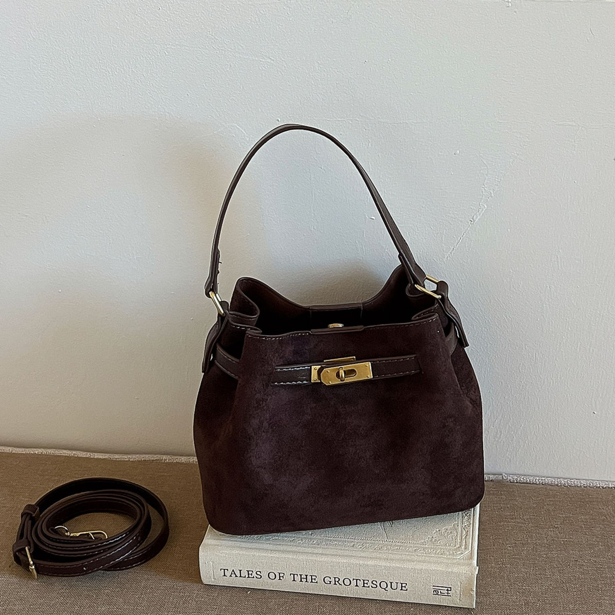 Suede Look Mini Bucket Bag with Metal Lock Detail and Adjustable Strap
