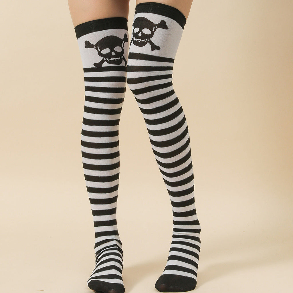 Halloween Thigh-High Socks with Bat and Haunted House Prints