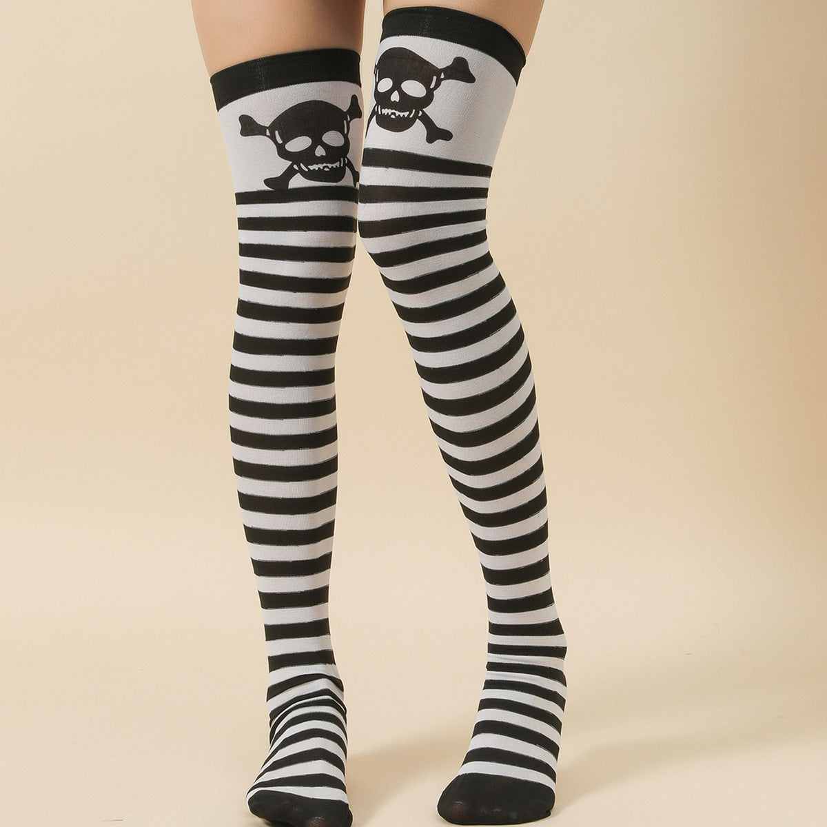 Halloween Thigh-High Socks with Bat and Haunted House Prints