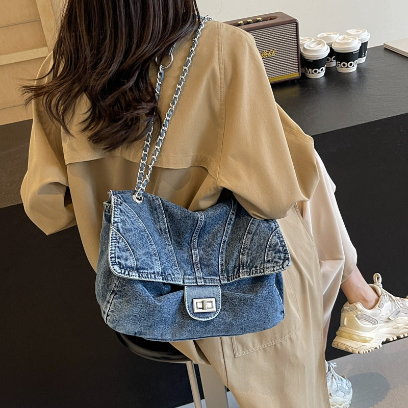 2026 Women Large Denim Chain Crossbody Tote Bag
