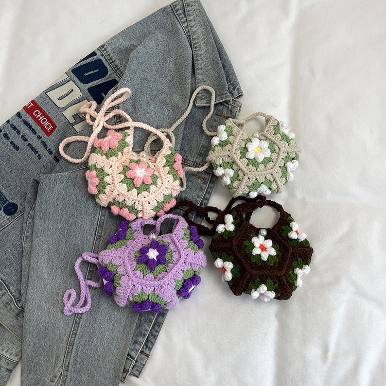 Women Hand Crocheted Granny Square Floral Shoulder Crossbody Bag