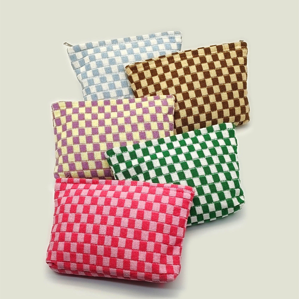 Knitted Checkerboard Cosmetic Bag Large Capacity Plaid Toiletry Bag