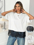Women Round Neck Lace Splicing Loose T-Shirt